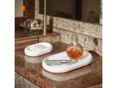Custom Modern Elegant Resin White Oval Matt Serving Tray Organizer Marble Vanity Dresser Set Bathroom Living Room Kitchen