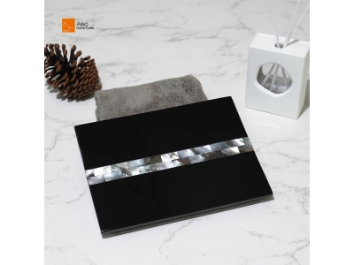 Custom Black Polyresin Luxury Hotel Vanity Tray Mosaic Shell Structure Resin Rectangle Jewelry Perfume Towel Napkin Serving Tray