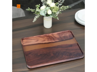 Hot Sale OEM Rectangular Walnut Resin Wood Serving Tray for Kitchen Tableware Decorative Dessert Vanity Jewelry Display