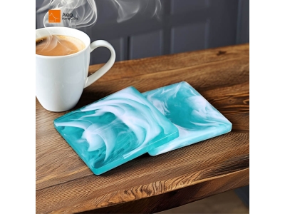 High Quality Mint Green Aqua Swirl Drink Coaster Set Resin Square Decorative Plates with Cute Design Mat Pad Tabletop Protection