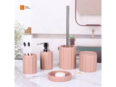 Luxury 5pcs Pink Polyresin Bathroom Vanity Set Counter Top Bathroom Accessories for Hotels and Amazon Bathrooms Sanitary Ware