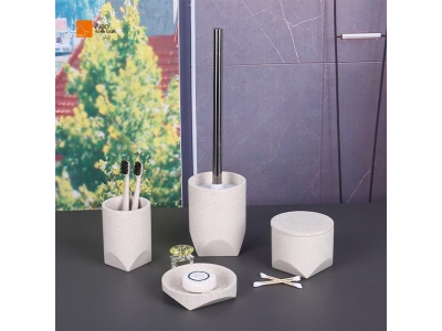 Modern Beige Terrazzo Bathroom Set with Custom Resin Countertop Organizer Includes Soap Dish Cotton Box Bath Use BSCI Wholesale