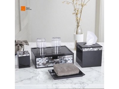 Wholesale Luxury Hotel Bathroom Sets Customized Black Resin Mosaic Shell Structure Elegant Functional Organizer Bathroom Set