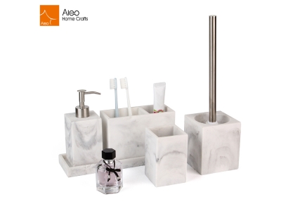 Wholesale Luxury Marble White Resin 5 Star Hotel Amenities Bathroom Set Toothbrush Holder Soap Dispenser 